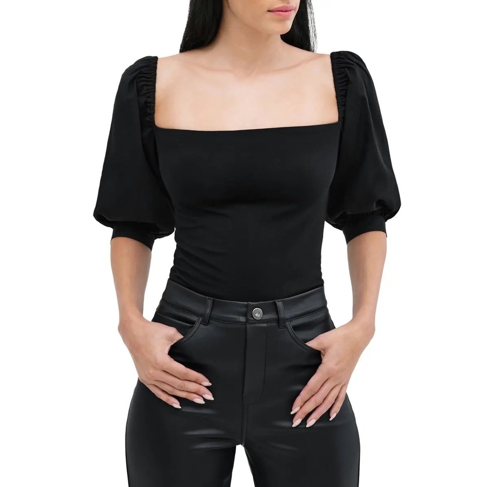 Marcella Alana Mixed Media Puff Sleeve Top Square Neck Black Size XL